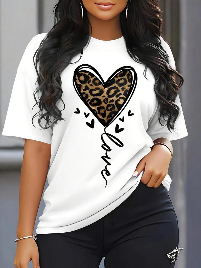 Women'sShort Sleeved T-shirt with Leopard Print Heart PatternT-shirt Casual and Fashionable Top InBlack and White for Daily Wear
