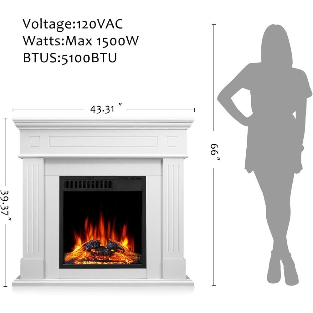 43 Inch Fireplace TV Stand with Mantel - Electric Fireplace Heater, Wooden Entertainment Center, Adjustable LED Flame, Freestand