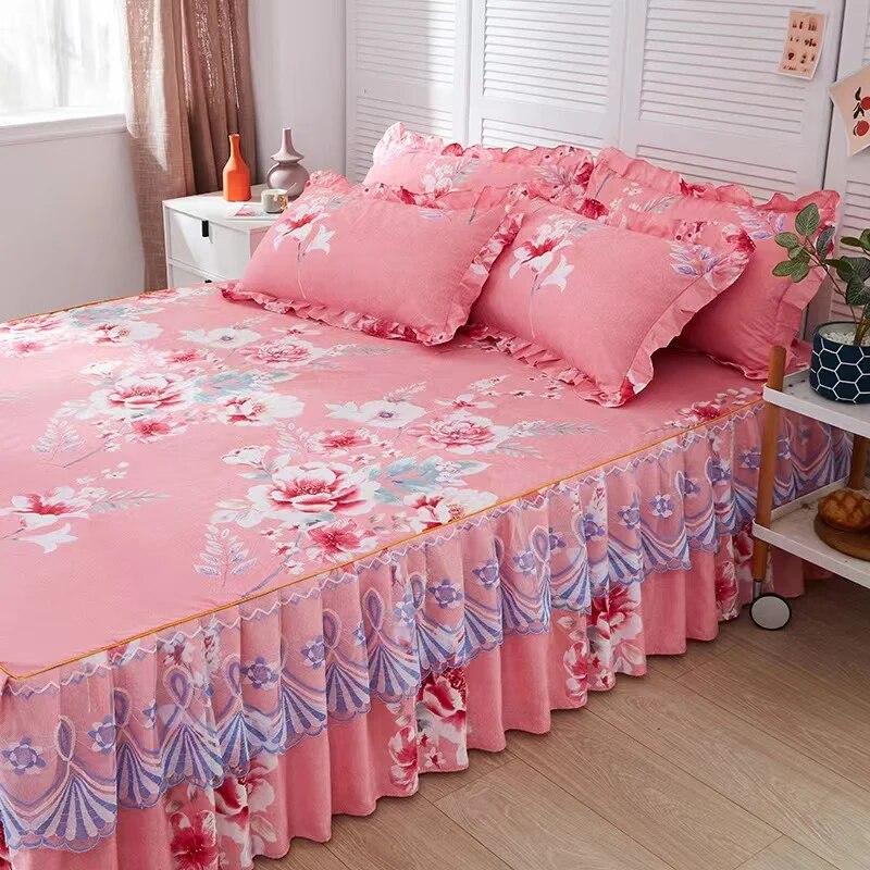 3pcs Set Skin-friendly Lace Bedspread Princess Double Layer Lace Bed Sheet Anti-slip Bed Cover with 2pcs Pillowcase