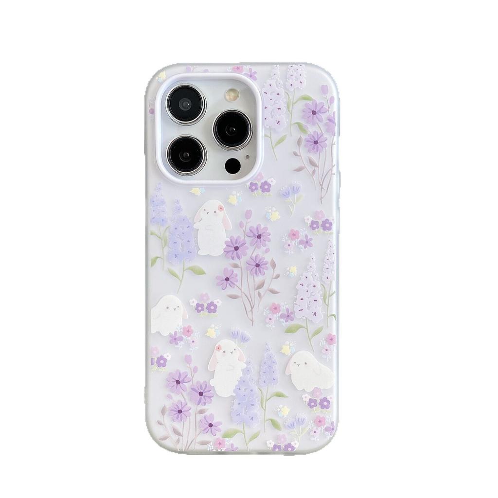 Simple Illustration Wind iphone17ProMax Mobile Phone Protective Case Female Apple 16Pro Cartoon Purple Flower Rabbit Soft