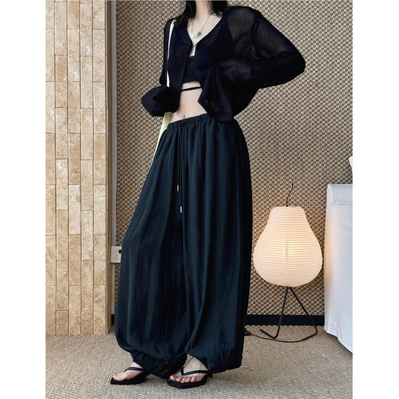 Johnature Minimalist Elastic Drawstring Pleated Casual Pants Summer Comfortable Loose Relaxed Jogger Pants For Women