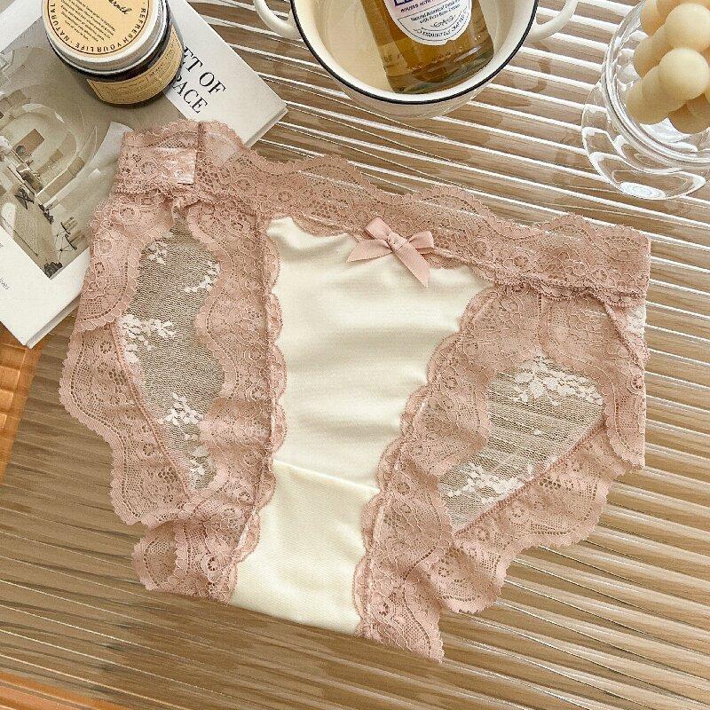 Pure Desire Lace Panties for Women Summer Thin Sexy Bow Satin Breathable Girl High Slit Low Waist Briefs