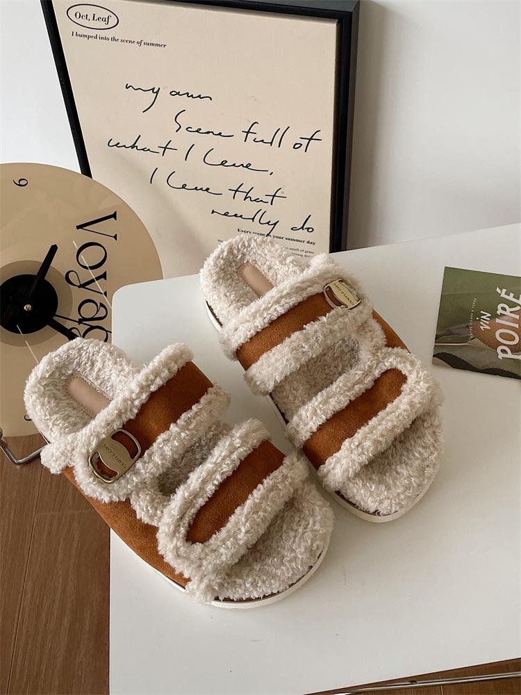 

Тапочки на плоской подошве Чжао Рут в том же стиле, новые повседневные пушистые туфли с открытым носком на осень и зиму, модные пряжки, шлепанцы на одну перемычку женские 40 коричневый