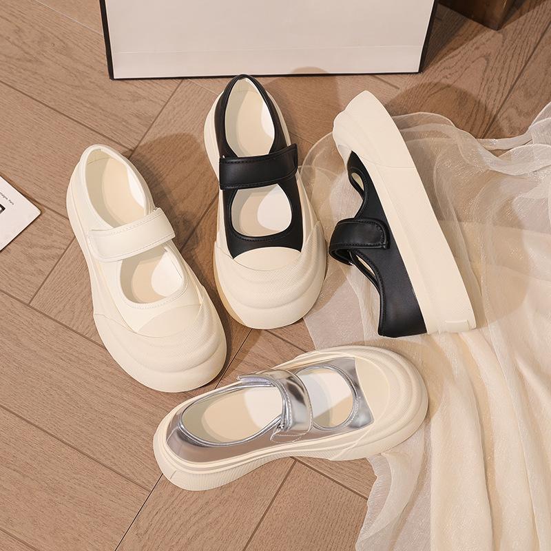 Women's shoes 2025 spring and summer big head Velcro muffin thick sole heightening round head shallow mouth Mary Jane small leather shoes women's shoe