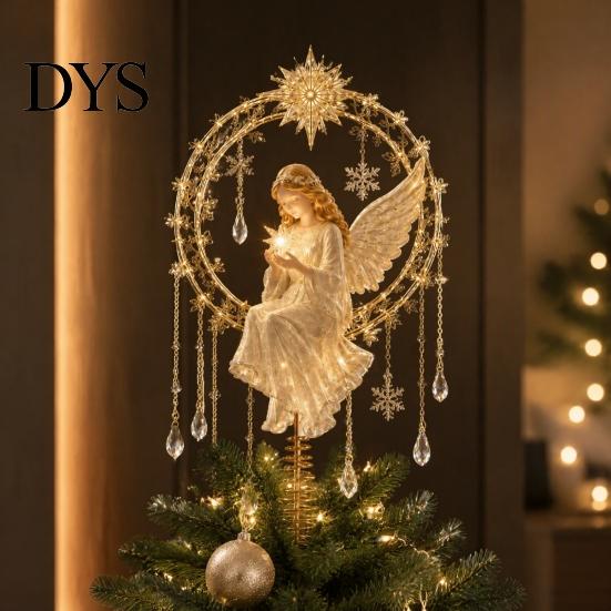 Christmas Tree Finial Angel Topper, Acrylic Winged Treetop Ornament with Lightweight Spring Base for Xmas Tree, Holiday Home Party Decor Reusable