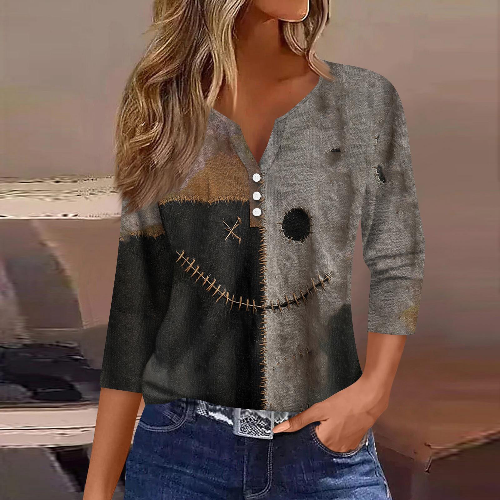 

Женская модная рубашка на пуговицах с V-образным вырезом и рукавом три четверти с принтом на Хэллоуин XXL