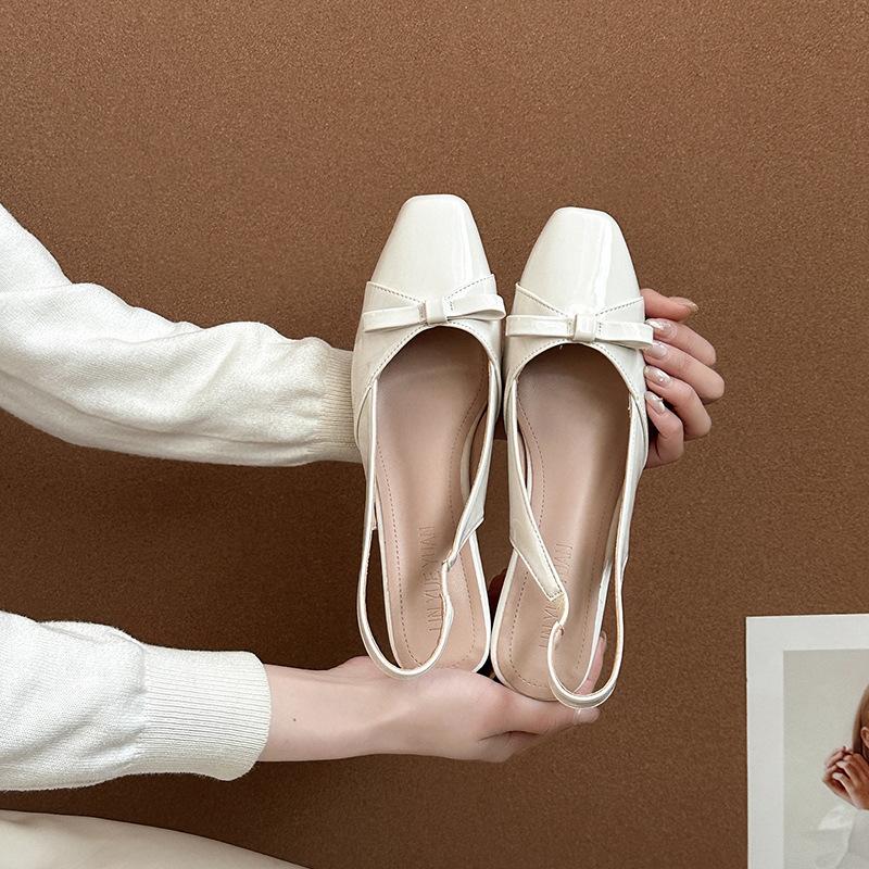French gentle style temperament lady bow thick heel bag head sandals women's 2025 spring and summer new square head single shoes