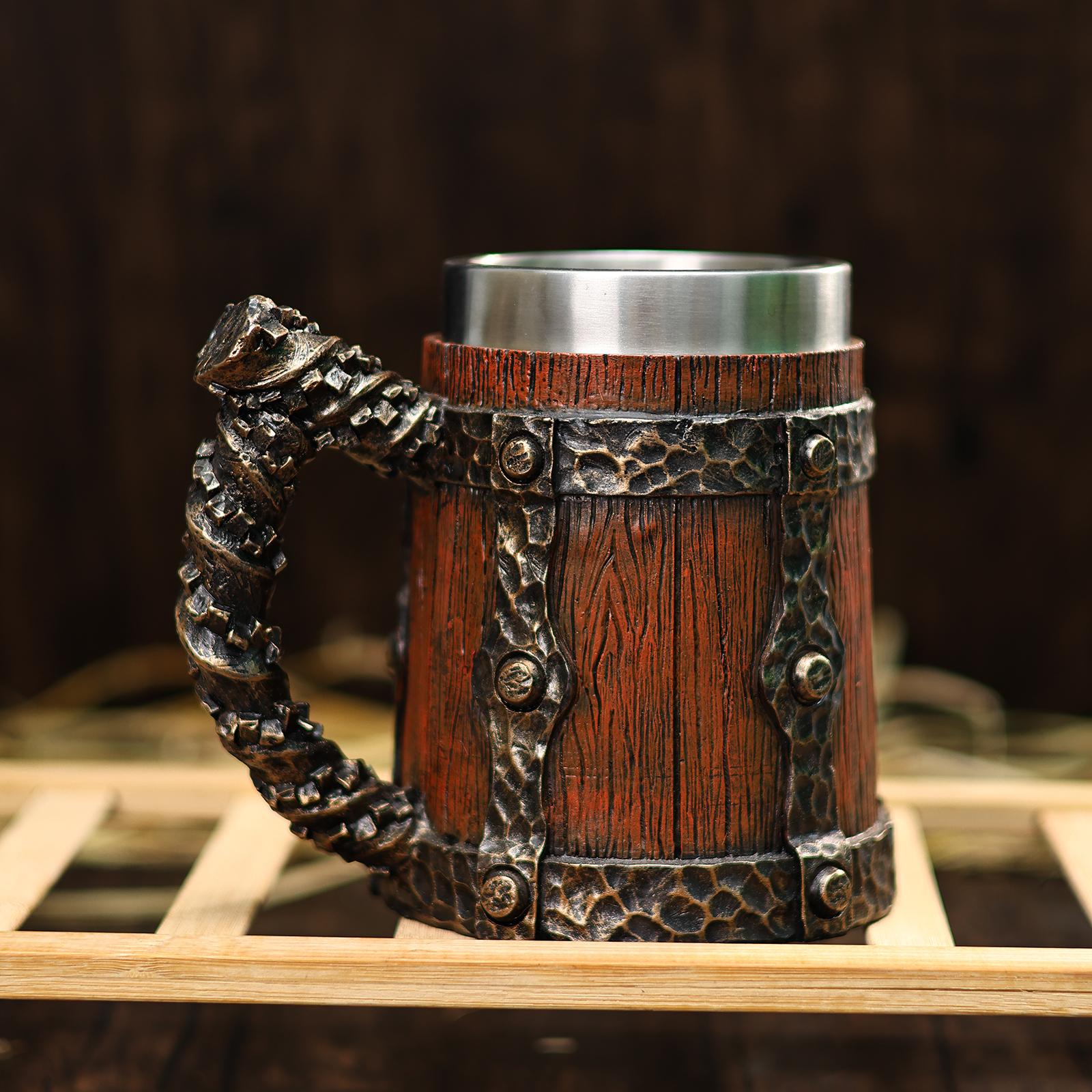 

Imitation Wood Medieval Tankard with Stainless Steel Insert Viking Wooden Barrel Beer Mug for Halloween Christmas Gifts 501-600ml