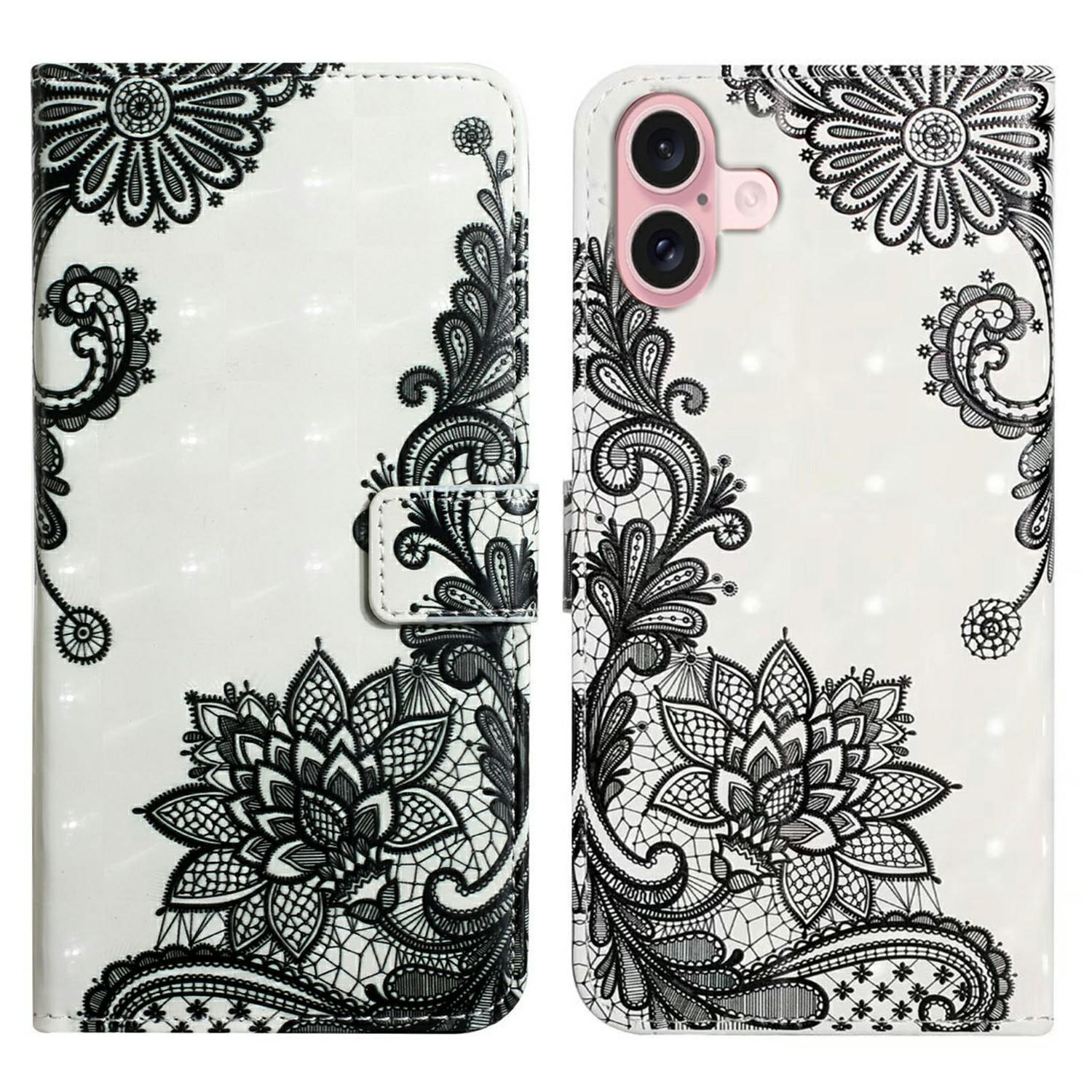 

For iPhone 16 Case 3D Creative Pattern PU Leather Stand Phone Cover Lace Flower