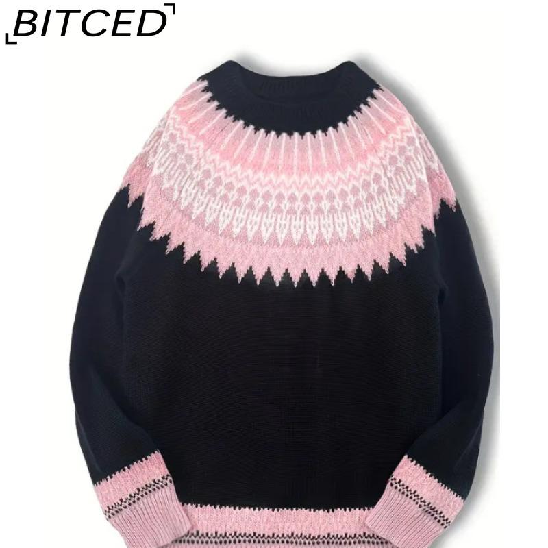 

BITCED Женский свитер - Пуловер вязаный модный оверсайз с круглым вырезом и цветными блоками XXXXXL розовый/чёрный