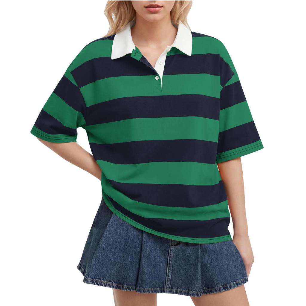 Women’s Casual Striped Polo Collar Loose Fit Short Sleeve Top Relaxed Style Pullover Shirt for Everyday Wear