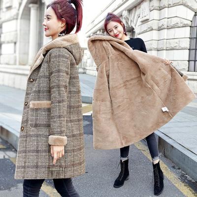 Autumn and Winter Women's Plaid Mid Long Coats Hooded Warm Wool Coat