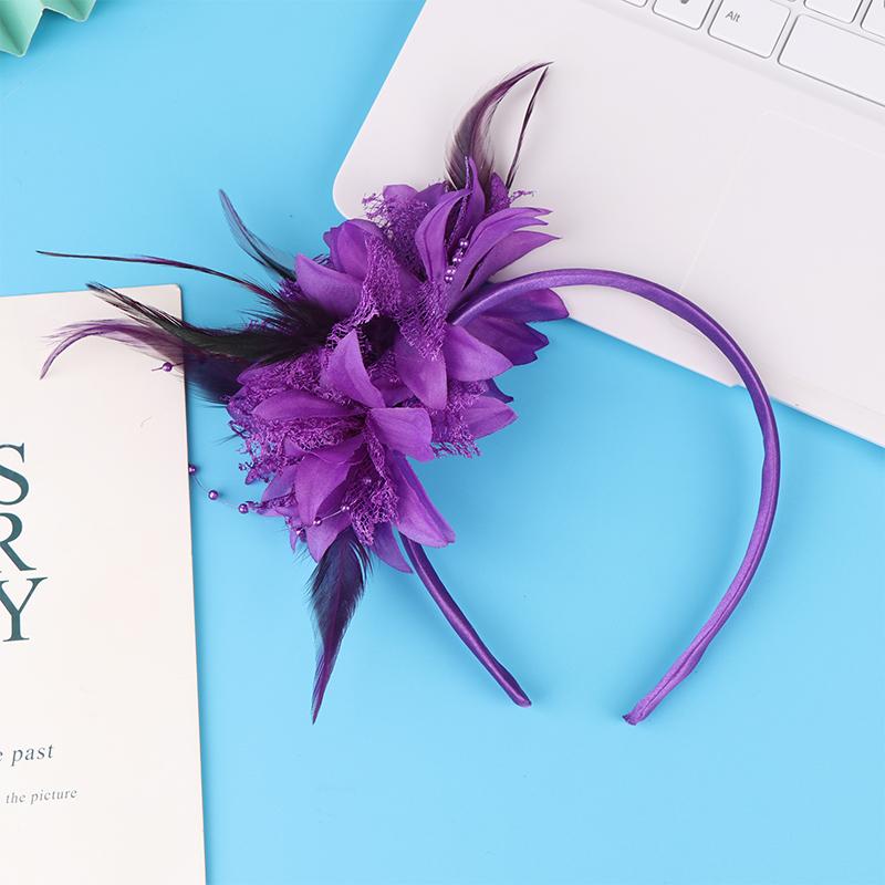 1Pcs Women Fascinator Hat Headband Flower Feather Mesh Yarn Cocktail Party Wedding Hair Accessories Head Decoration