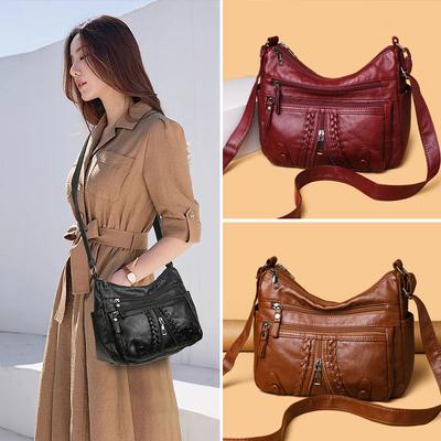 Multi-Pocket Middle-Aged Mother Bag Large Capacity Multi-Layer Soft Leather Bag Women's Crossbody Bag