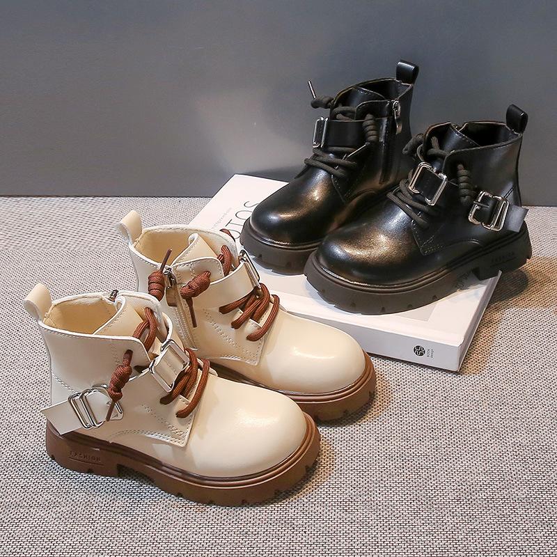 Spring Autumn Girl's Ankle Boot New Versatile Kids Causal Boots Black Beige Versatile Children Leather Boots Round-toe Non-slip