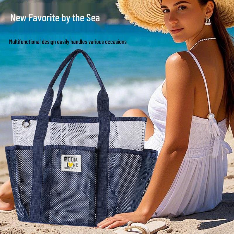 Large Capacity Beach Tote: Foldable Mesh Bag for Toiletries & Swimsuits with Single Shoulder Strap