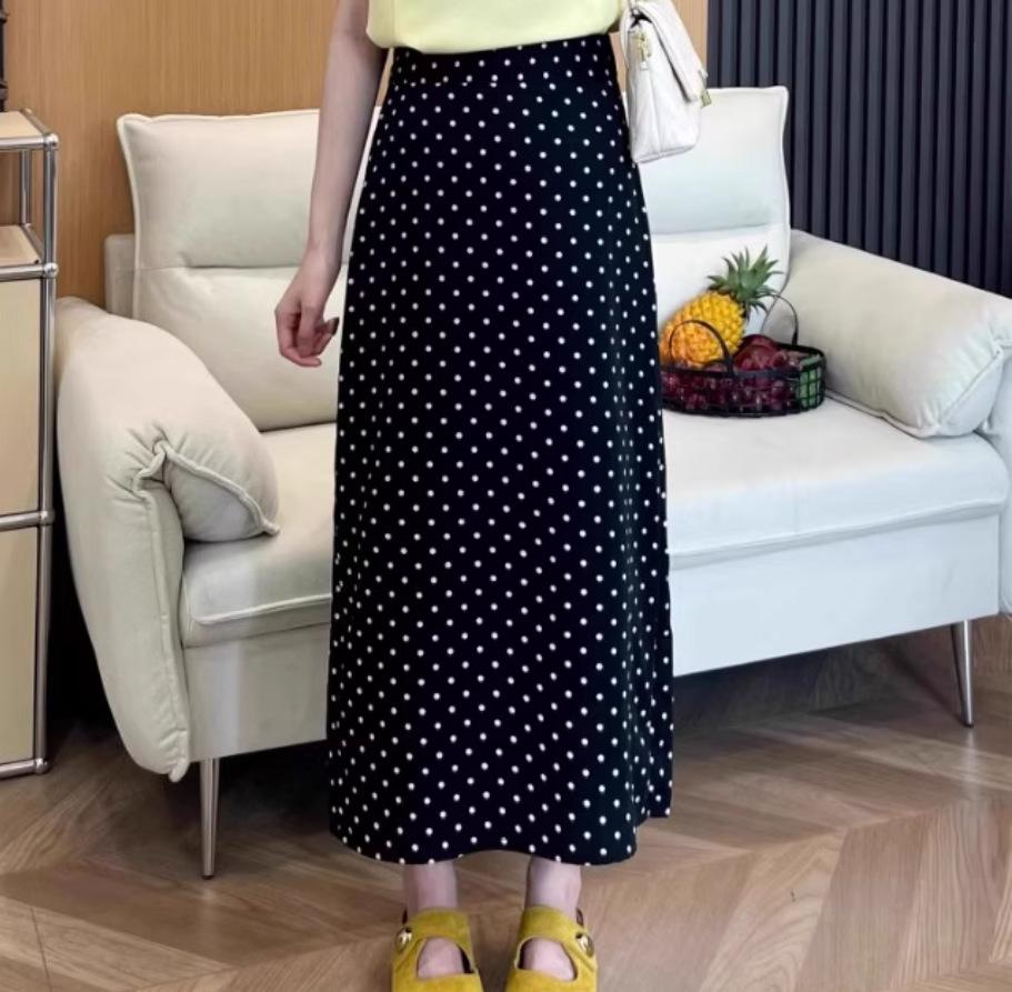 Korean Plus Size Polka Dot High Waist Slit Midi Skirt