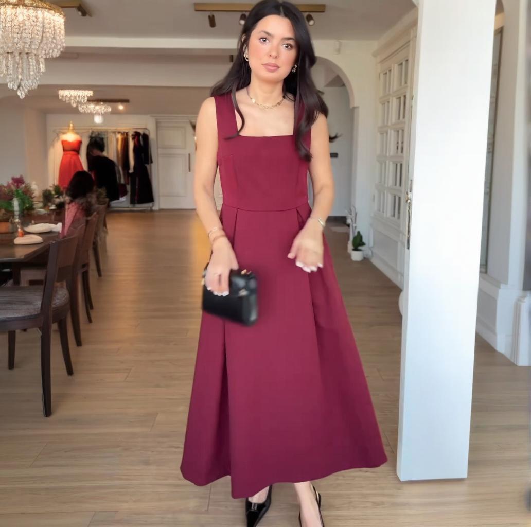 

Летнее европейско-американское платье с квадратным вырезом, французское однотонное женское элегантное платье, стройнящее M кирпич красный