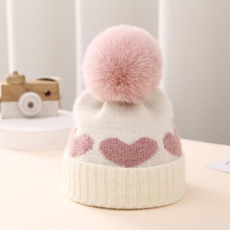 

2024 Новая зимняя детская шапка с двойным утолщением из жаккарда Love Knitted Hat 0-12 месяцев для новорожденных детей шерстяная шапочка 1pc белый