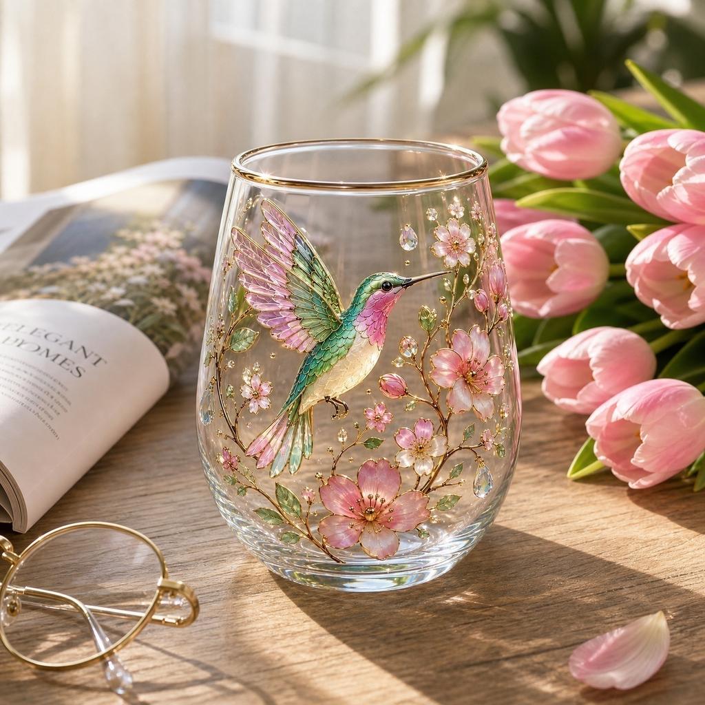 Glasbecher mit Kolibri und Blumenmuster, handbemalt, dekoratives Trinkglas mit Goldrand für den täglichen Gebrauch und besondere Anlässe