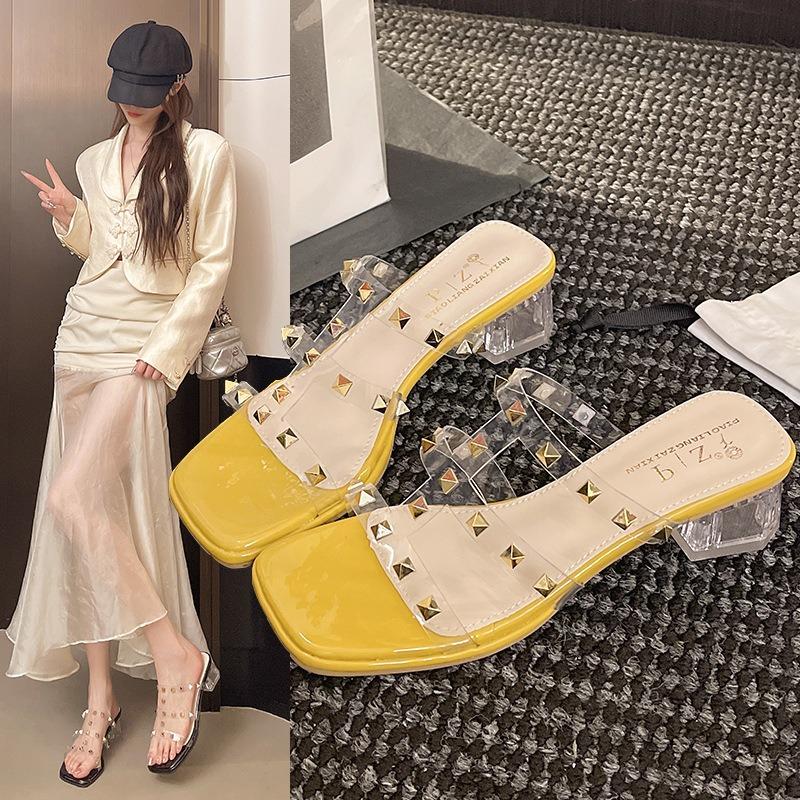 Fashion Hot Selling Shoes Woman's Slippers Transparent Heel Slides Fashion Med 2025 Luxury Summer Square heel Slipper Casual Shoe Woman