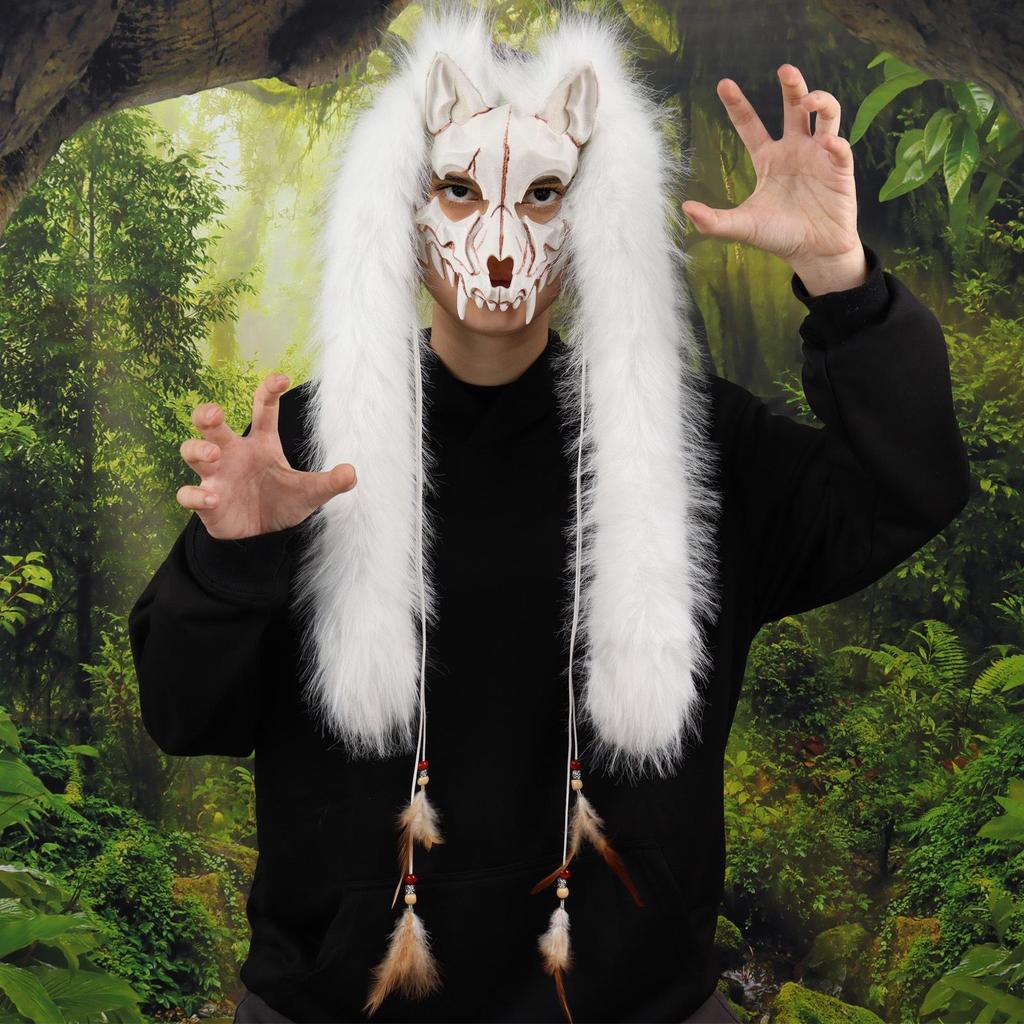 Wikinger-Fuchsmaske mit Kunstfell-Kopfschmuck für Halloween-Karnevals-Kostüm