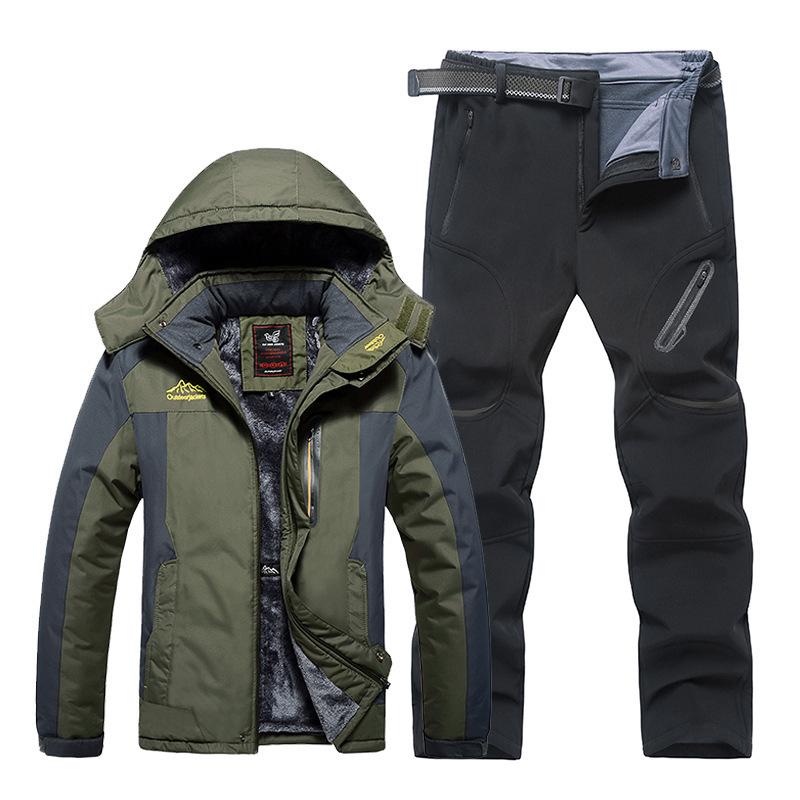 Men's 2023 Winter Hooded Ski Suit with Fleece Lining - Thick, Waterproof & Windproof Pants Set