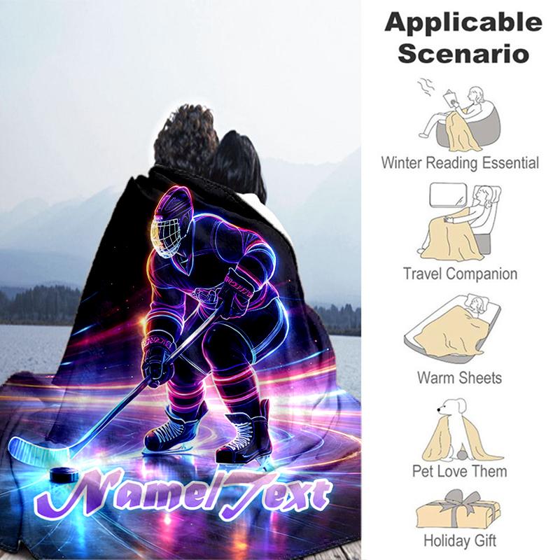 1PC Custom Name Neon Hockey Player Art outdooor Flannel blankets Throw Blanket All-Season Throw Gift Bedspread for Couch, Bed, Camping Holiday Birthda