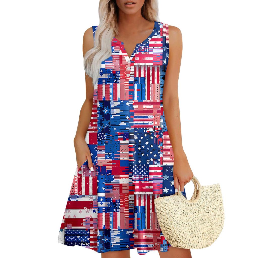 Damskie letnie sukienki, luźne, bez rękawów, dekolt w serek, sukienki letnie z kieszeniami