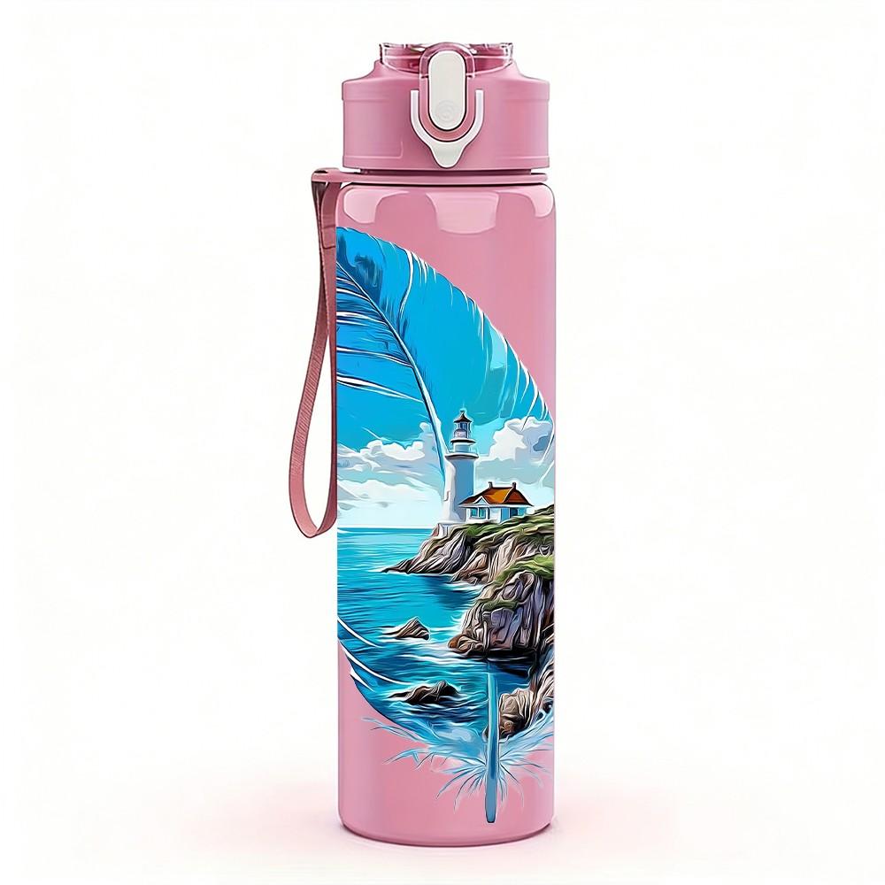 1PC Feather Scenery Painting 750ml Color Plastic Sports Water Bottle Leakproof Flip Straw Lid Suitable for Sports Office Home Use