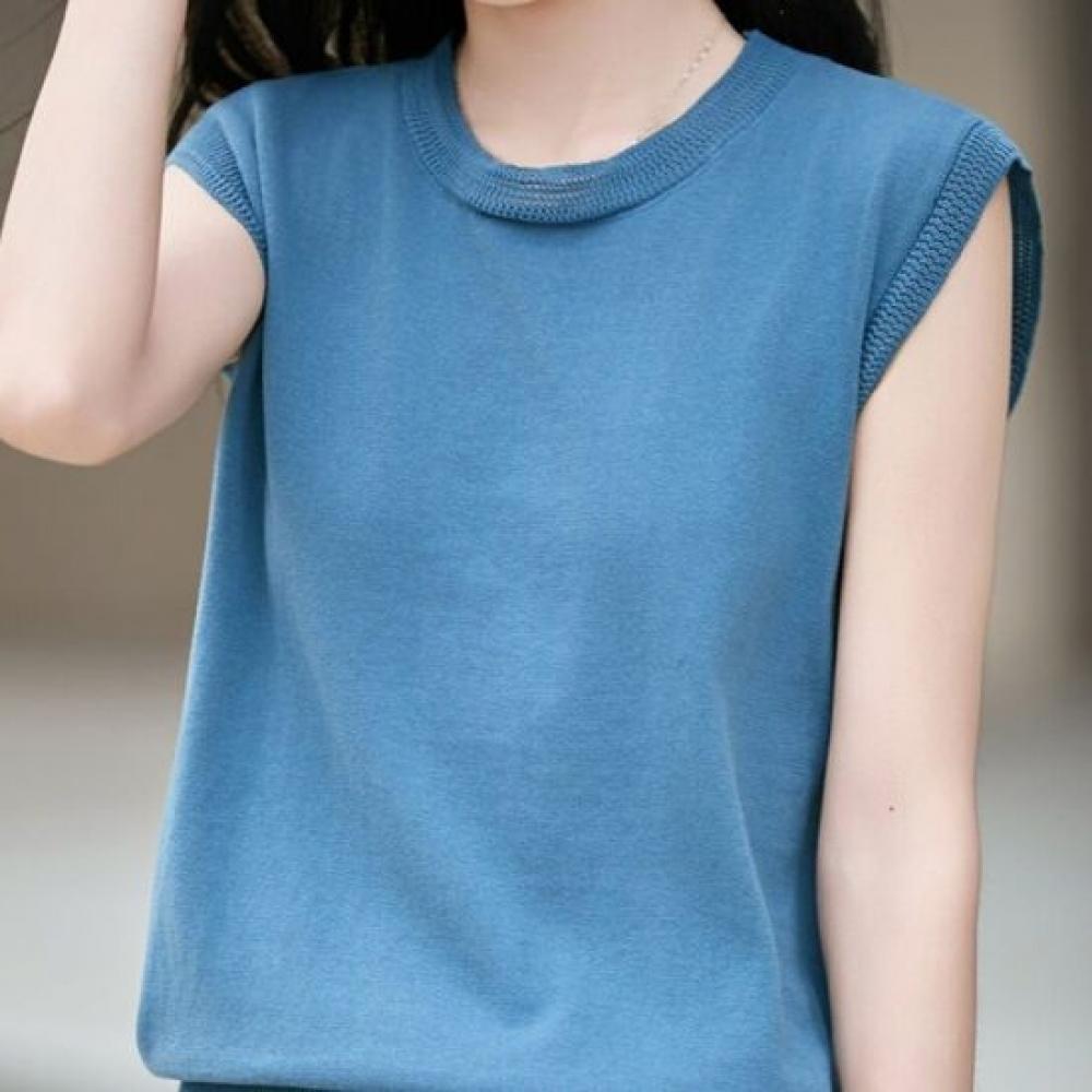 Navava Simple Basic Solid Sleeveless Round Neck Knit Tee Nk3656
