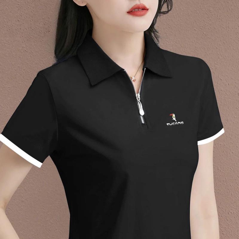 Women's Plus Size Zipper Polo Top: High-End Short Sleeve Loose Shirt for Middle-Aged Mothers, 2025 Summer Fashion