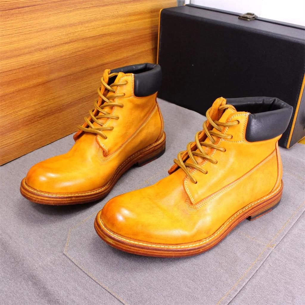 Fashion Men's British Style Ankle Boots Soft Handmade Genuine Leather Sole Windproof Comfortable Lace-up Winter Motorcycle Shoes