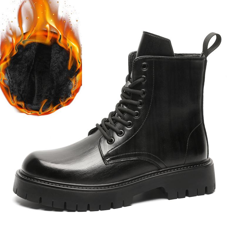 Fashion Mens Genuine Leather Footwear Metal Zipper Male Motorcycle Boots Lace-Up Casual Ankle Boots Outdoor Warm Plush Fur Winter Shoes