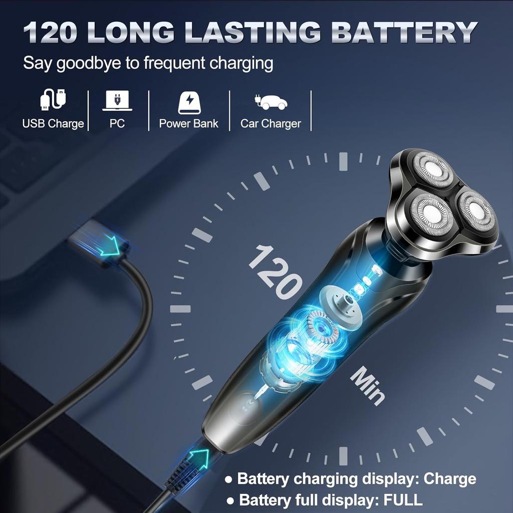 Golarka elektryczna dla mężczyzn, Męskie golarki obrotowe, Wodoodporna, Do golenia na mokro i na sucho, Akumulatorowa golarka elektryczna do twarzy męskiej, Bezprzewodowa, z pływającą głowicą.