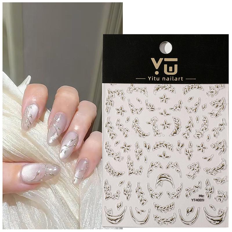 Chinese Style Wicker Leaves Design Embossed Reliefs Self Adhesive Nail Art Decorations Stickers Cute Manicure Decals Diy Salon