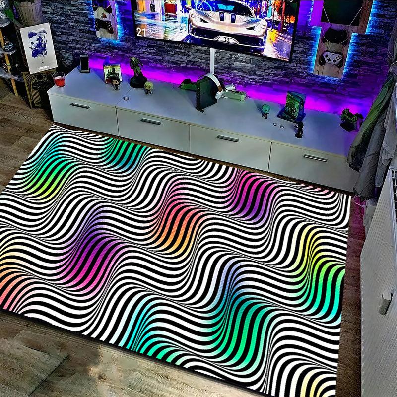 Optical Illusion 3D Abstract Checkered Wave Spiral Mat Visual Impact Non-slip Carpet Rug for Gaming Living Room Home Decoration