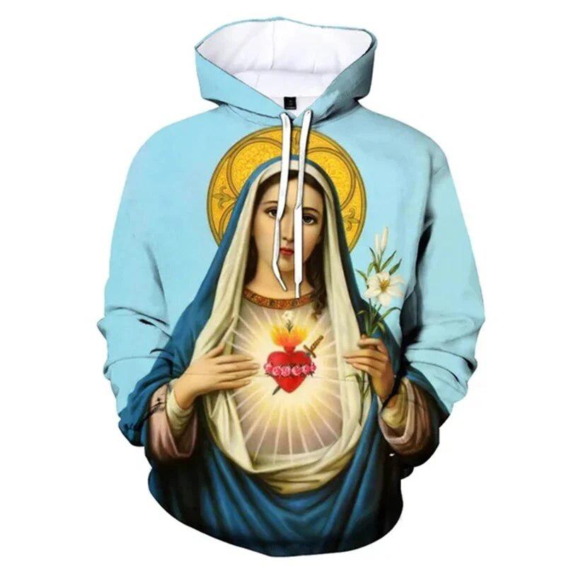 Sacred Heart Couple Hoodie, Men's Autumn Winter Fleece Sweatshirt, Classic Religious Pair Figure Print Pullover for Art Style Photo Shoots