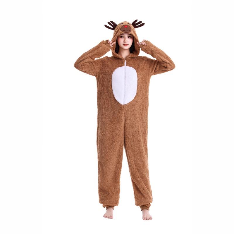 Christmas Dress Up Costume Cute Elk Caribou Flannel Hooded Onesie Stage Costume