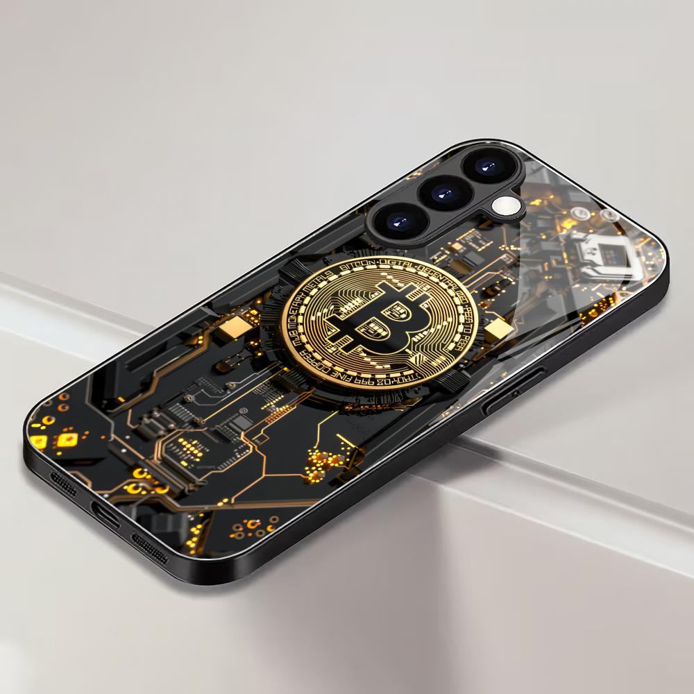 Goldene Bitcoin Hartglas Handyhülle geeignet für Samsung Galaxy S26 S25 S24 S22 S21 S20 FE/Ultra/Plus sturzsichere Rückabdeckung