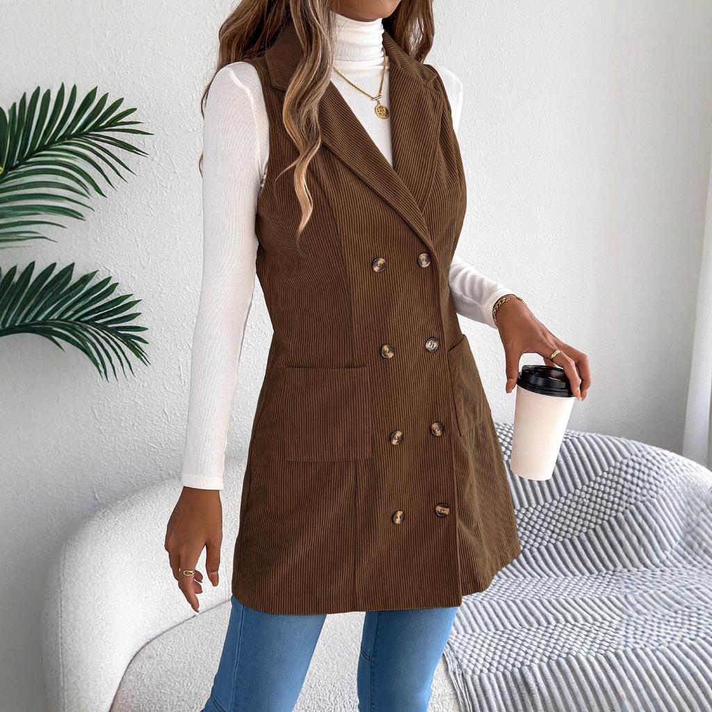 Solid-color Double-breasted Pocket Long Vest Jacket for Women In Autumn and Winter