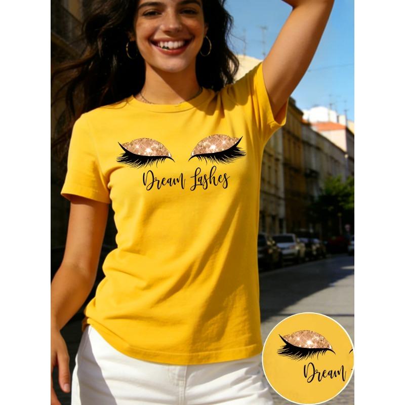 Eyelash and Dream Abstract Portrait Pattern Printed T-shirt, Short Sleeve Round Neck Casual Top, Summer and Spring, Women's Wear
