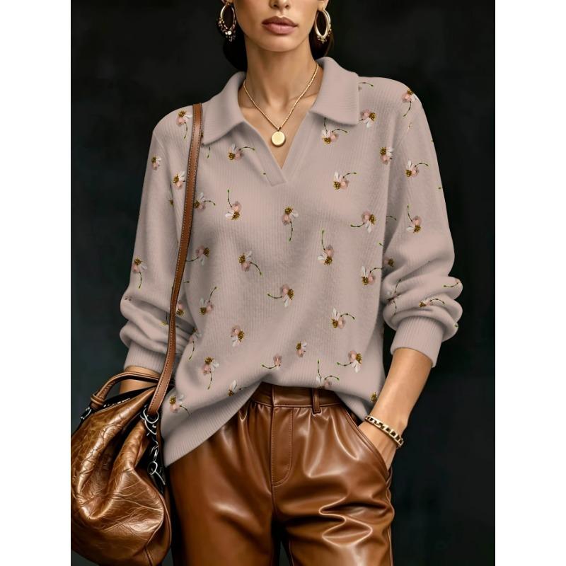2026 New Women's Loose Printed Faux Wool Knitted Pullover Fresh Floral Pattern Lapel Top