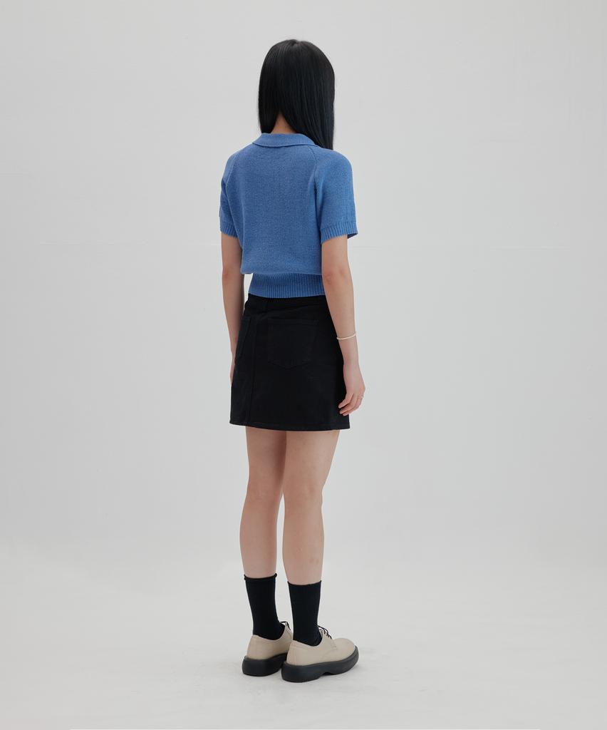 NONBLANK Raglan Half Sleeve Collar Crop Knit_Melange Blue