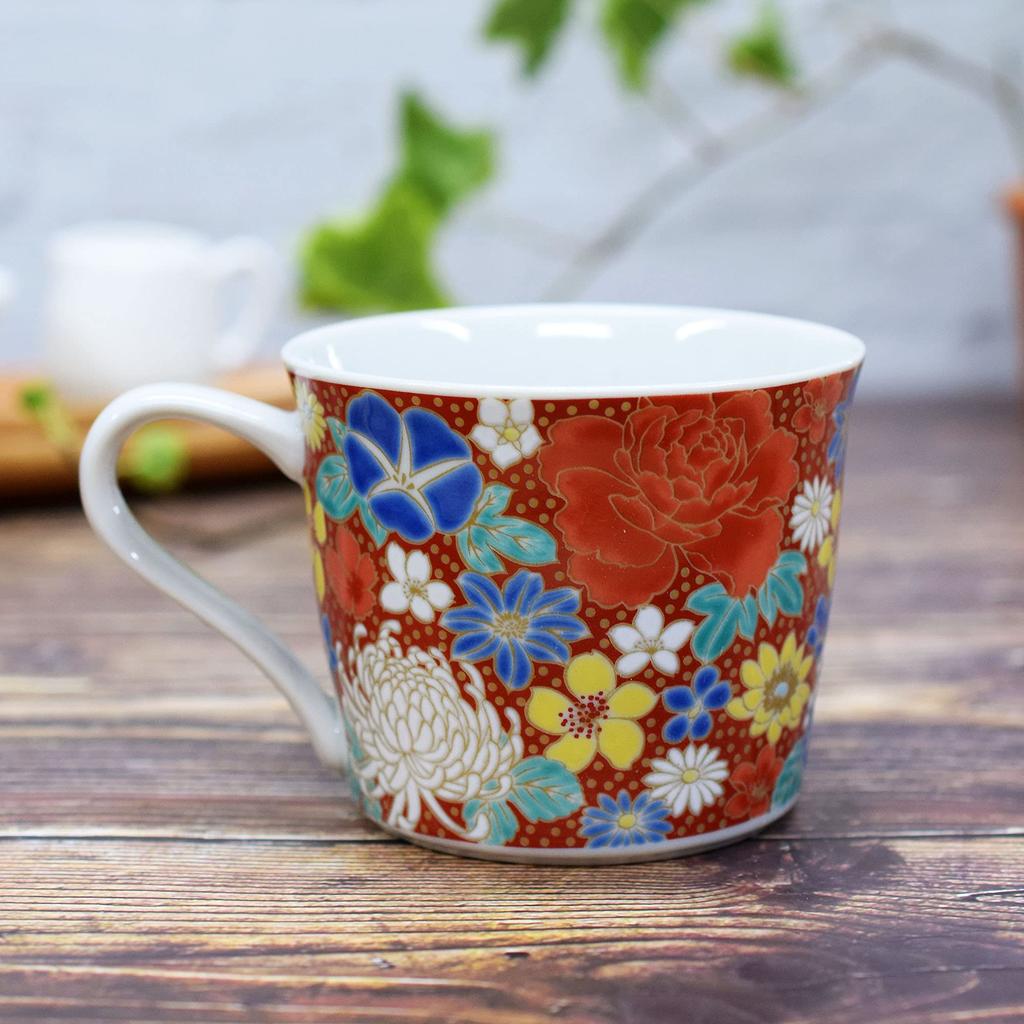 Waza No Kura Kutani Ware Mug, Red Flower Design, High-Quality Ceramic, Made In Japan, Perfect Gift for 60th Birthdays