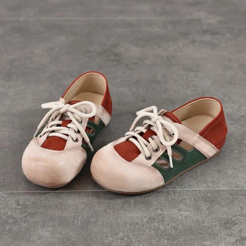 Johnature Mixed Colors Hollow-out Sandals Genuine Leather Lace Casual Flat Women's Shoes