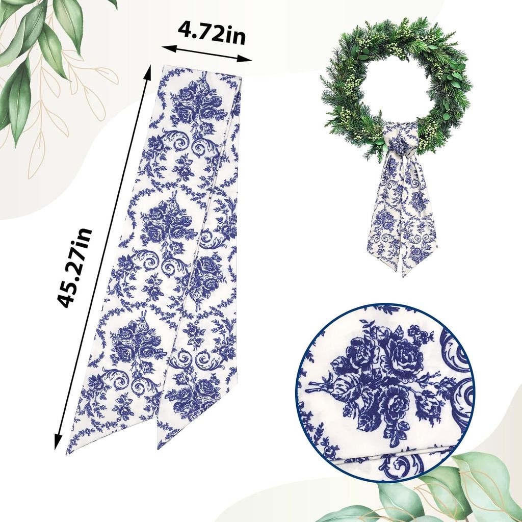 Floral Wreath Sash for Front Door Blue Flower Wreaths Satin Sash Garland Ribbon Accessories for Wreath Yard Doorway Indoor Outdoor Bow Bridal Shower