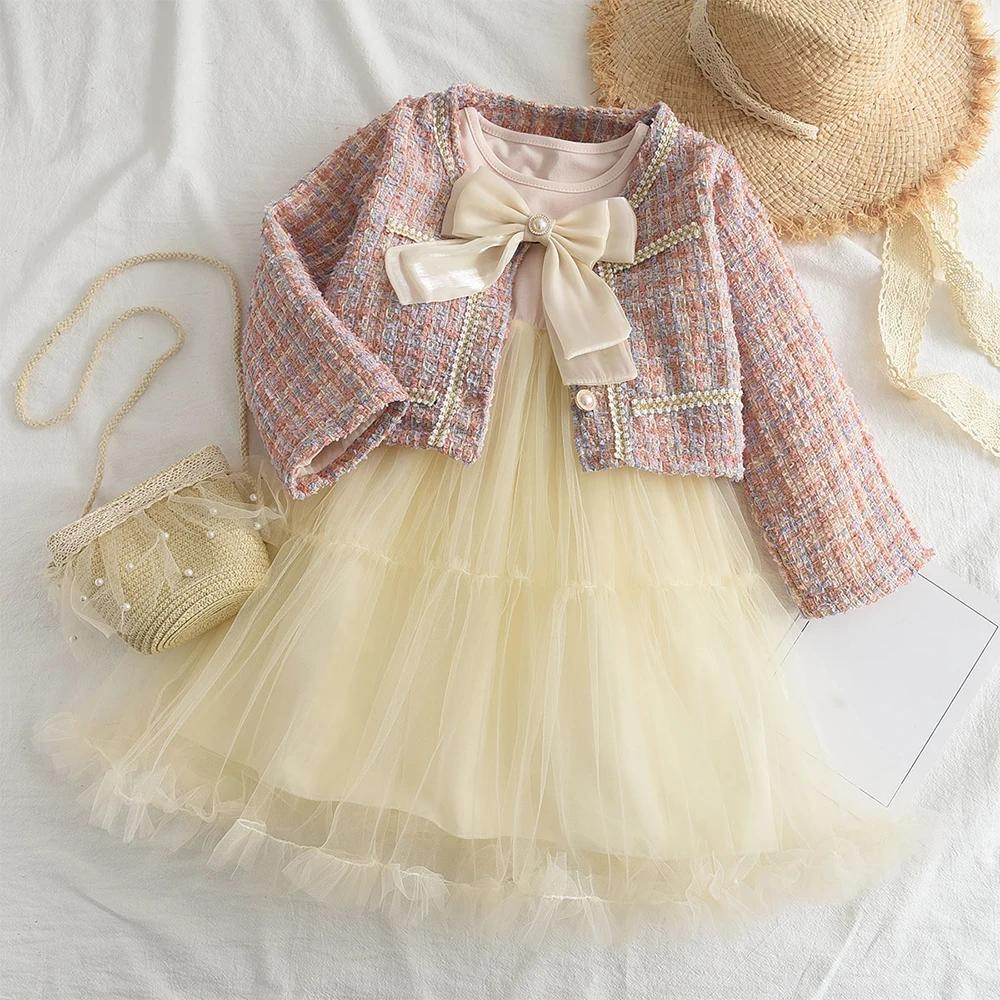 Girls Clothes Spring Autumn New Girls Plaid Vest Dress Retro Outwear Coat 3 Pcs Fashion Baby Party Outfits