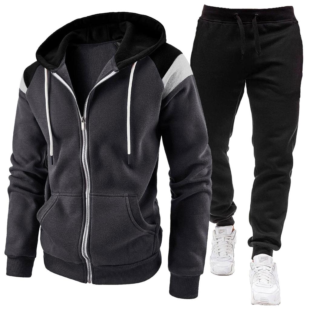 Men's Autumn and Winter Color Matching Hooded Sweatshirt Sweatpants Plus Velvet Casual Sports Suit