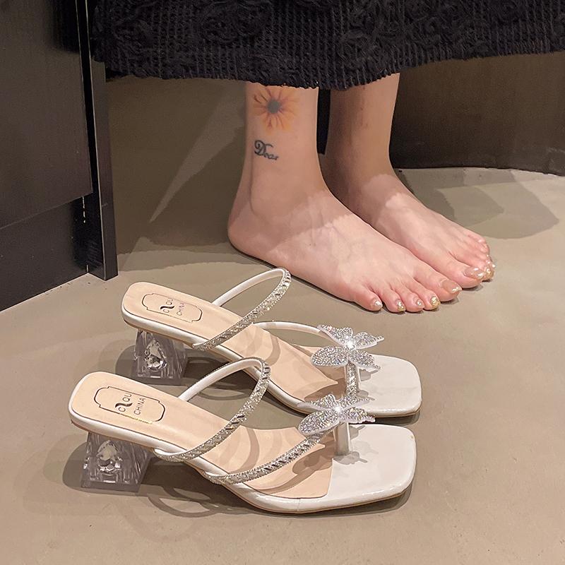 

Fashion Women Wearing Bow Sandals Summer New Style Wear Thick Heels Fashion French Transparent Fairy Wind Cool Slippers Zapatos Mujer 43 бежевый
